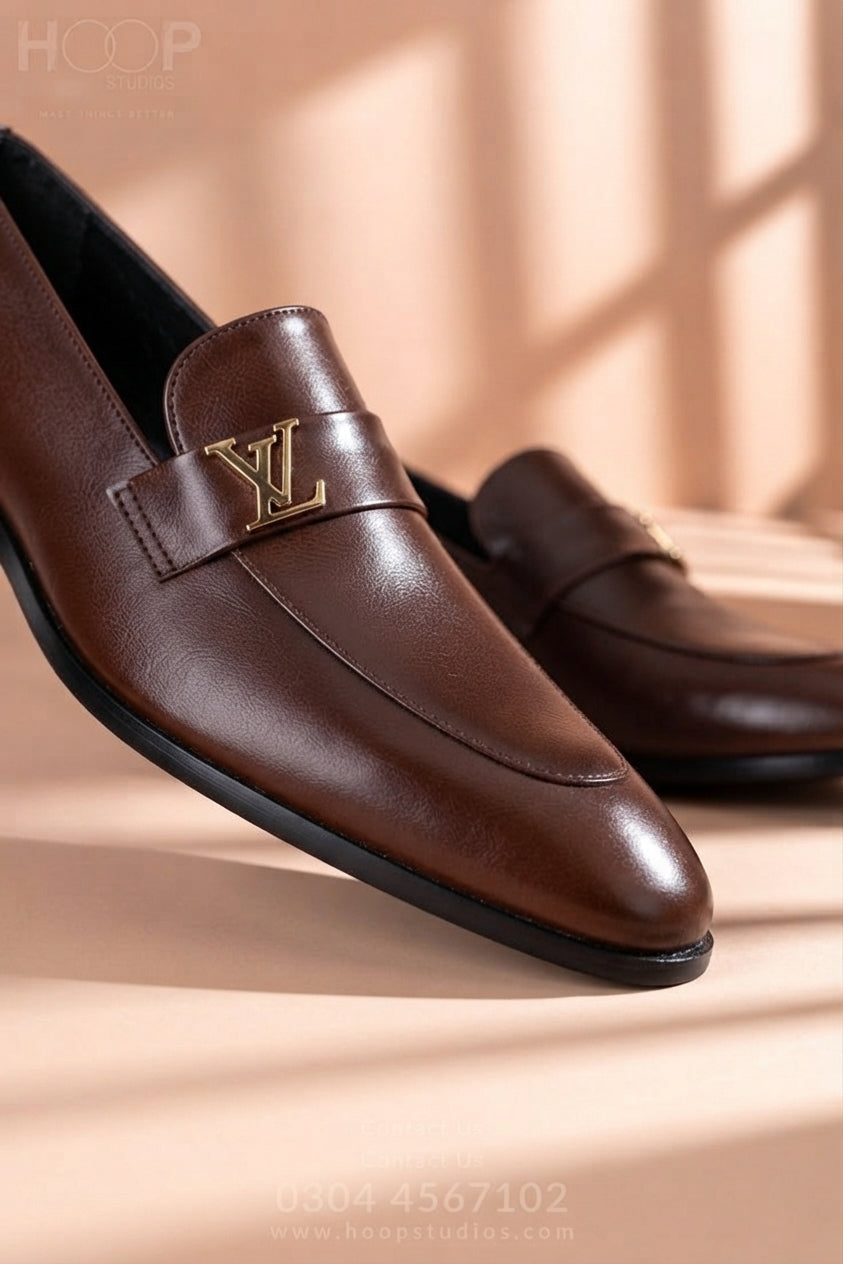 Premium Brown Leather Loafers with Gold Accent | Men's Formal Slip-Ons