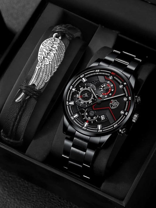 Deyros Men's Black & Red Luxury Quartz Watch with Feather Bracelet | FA LUXE