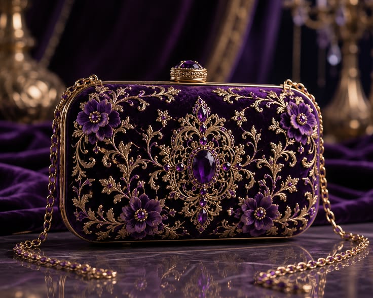 Royal Purple Velvet Gold Embellished Bridal Clutch Bag | FA LUXE