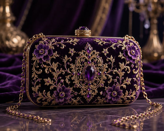 Royal Purple Velvet Gold Embellished Bridal Clutch Bag | FA LUXE