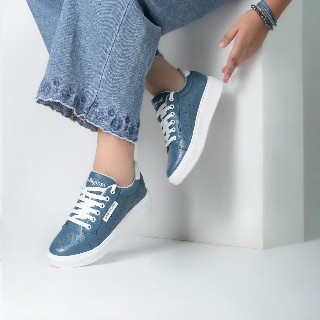 Gino Bigioni Women's Blue Leather Casual Sneakers | FA LUXE