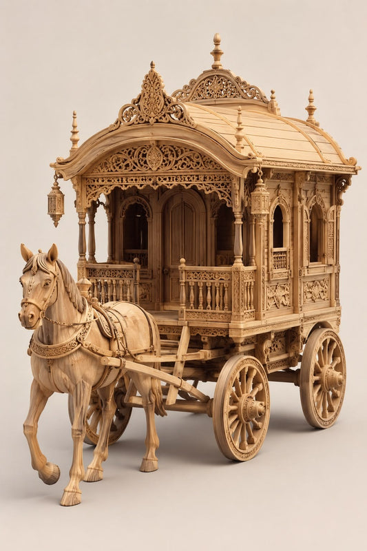 Handcrafted Wooden Horse Carriage Model