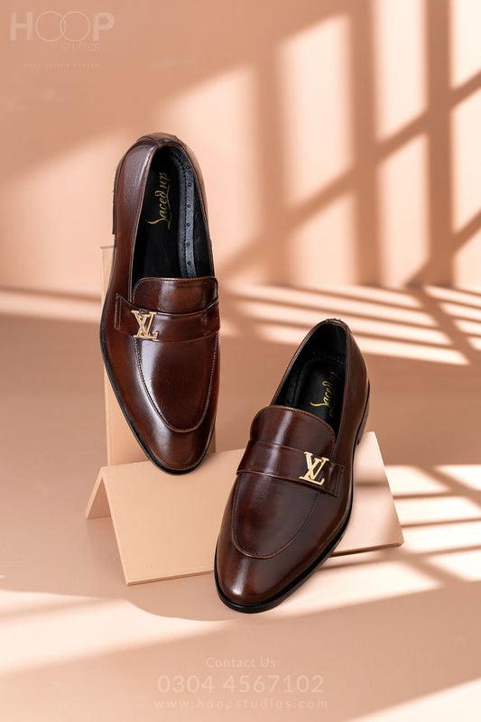 Premium Brown Leather Loafers with Gold Accent | Men's Formal Slip-Ons