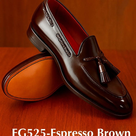 Premium Espresso Brown Tassel Leather Loafers | Elegant Men's Slip-Ons