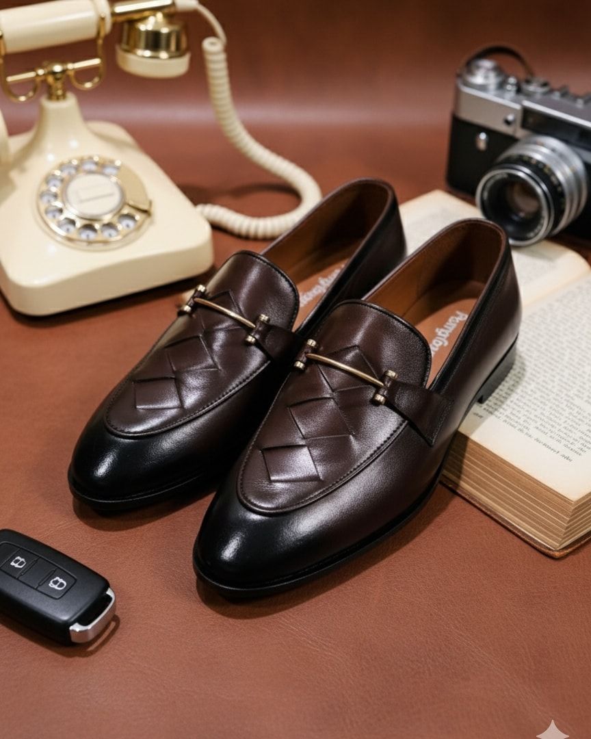 Luxury Two-Tone Leather Loafers with Metal Bar | Men's Designer Shoes