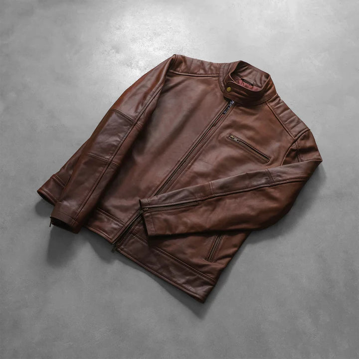 Dean Brown Genuine Leather Biker Jacket | Free Shipping