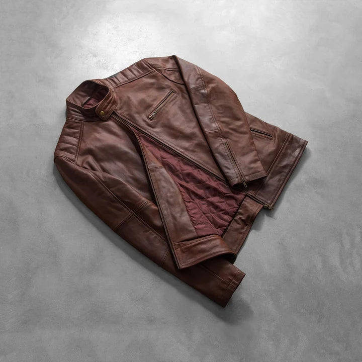 Dean Brown Genuine Leather Biker Jacket | Free Shipping