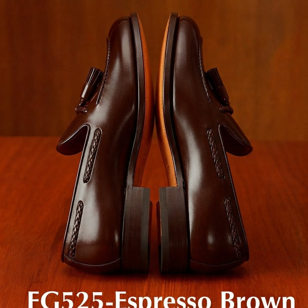 Premium Espresso Brown Tassel Leather Loafers | Elegant Men's Slip-Ons
