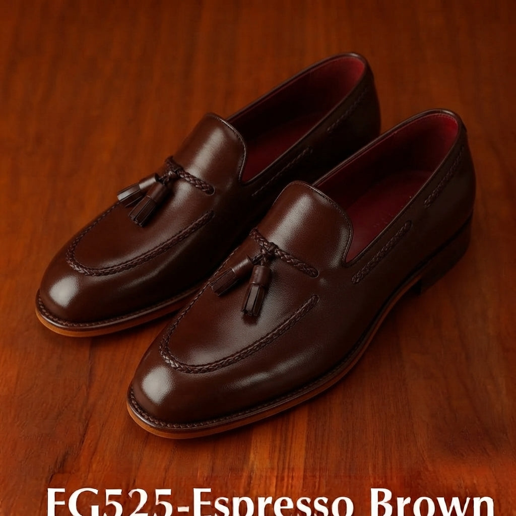 Premium Espresso Brown Tassel Leather Loafers | Elegant Men's Slip-Ons