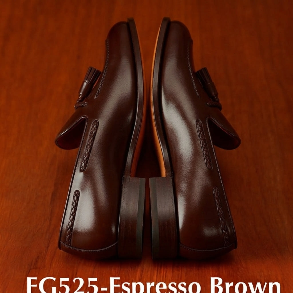 Premium Espresso Brown Tassel Leather Loafers | Elegant Men's Slip-Ons