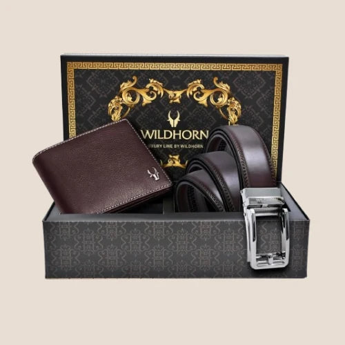 WildHorn® Premium Leather Wallet & Auto Lock Belt Gift Set for Men